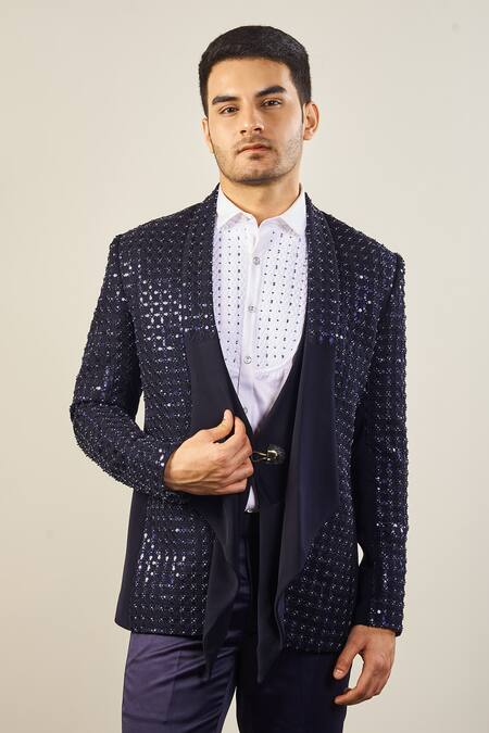 Soniya G_Purple Cotton, Satin Sequins, Beads And Flora Embroidered Tuxedo Set _Online_at_Aza_Fashions