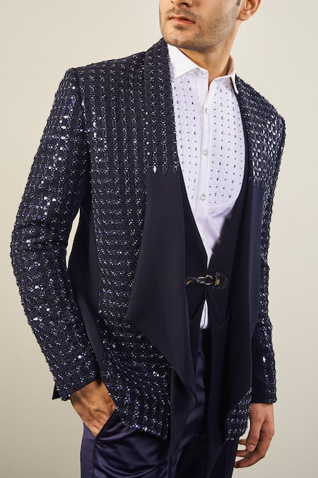 Shop_Soniya G_Purple Cotton, Satin Sequins, Beads And Flora Embroidered Tuxedo Set _Online_at_Aza_Fashions