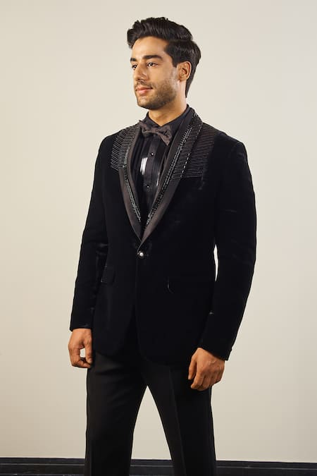 Soniya G Black Silk, Velvet, Satin Beads, Tassels Metallic Tape And Embroidered Tuxedo Set Online at Aza Fashions Soniya G_Black Silk, Velvet, Satin Beads, Tassels Metallic Tape And Embroidered Tuxedo Set _Online_at_Aza_Fashions