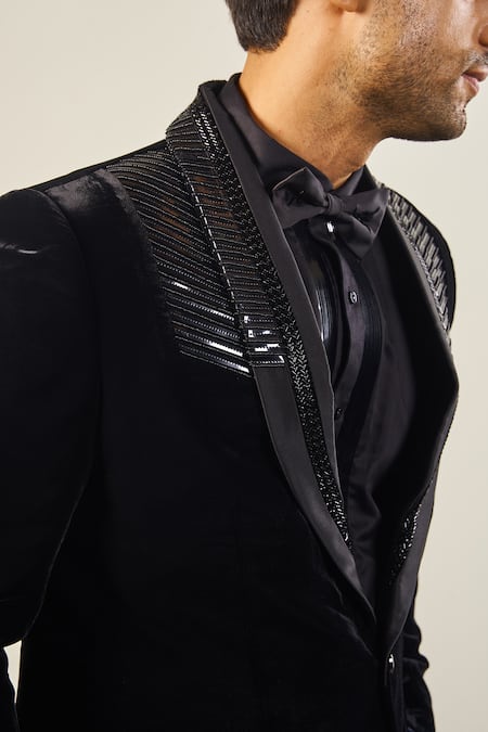 Buy Soniya G Black Silk, Velvet, Satin Beads, Tassels Metallic Tape And Embroidered Tuxedo Set Online at Aza Fashions Buy_Soniya G_Black Silk, Velvet, Satin Beads, Tassels Metallic Tape And Embroidered Tuxedo Set _Online_at_Aza_Fashions