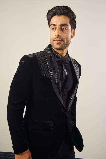 Shop Soniya G Black Silk, Velvet, Satin Beads, Tassels Metallic Tape And Embroidered Tuxedo Set Online at Aza Fashions Shop_Soniya G_Black Silk, Velvet, Satin Beads, Tassels Metallic Tape And Embroidered Tuxedo Set _Online_at_Aza_Fashions