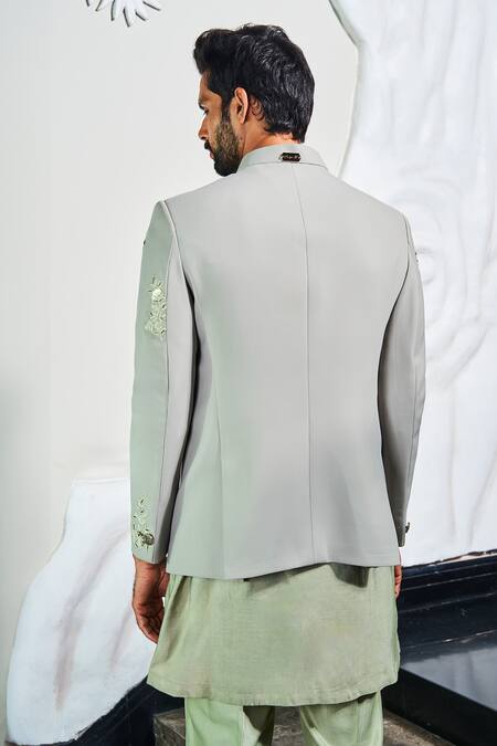 Shop_Soniya G_Green Silk, Cotton, Satin Embroidery Bloom Paradise Jodhpuri Set_at_Aza_Fashions