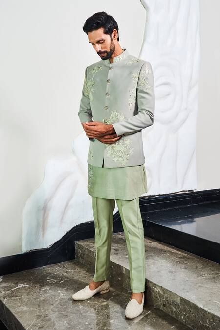 Soniya G_Green Silk, Cotton, Satin Embroidery Bloom Paradise Jodhpuri Set_Online_at_Aza_Fashions
