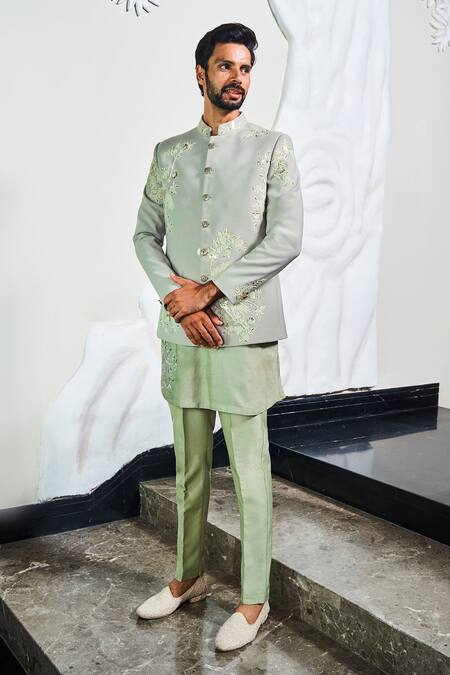 Buy_Soniya G_Green Silk, Cotton, Satin Embroidery Bloom Paradise Jodhpuri Set_Online_at_Aza_Fashions