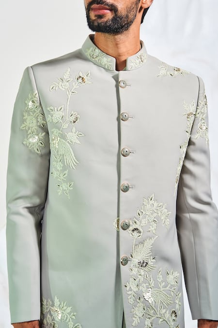 Shop_Soniya G_Green Silk, Cotton, Satin Embroidery Bloom Paradise Jodhpuri Set_Online_at_Aza_Fashions