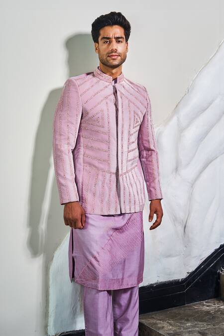 Soniya G_Pink Silk, Velvet, Satin Zari Prism Zardozi Embroidered Jodhpuri Set _Online_at_Aza_Fashions