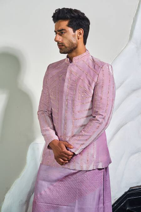 Buy_Soniya G_Pink Silk, Velvet, Satin Zari Prism Zardozi Embroidered Jodhpuri Set _Online_at_Aza_Fashions
