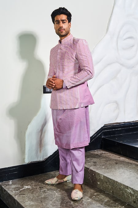 Shop_Soniya G_Pink Silk, Velvet, Satin Zari Prism Zardozi Embroidered Jodhpuri Set _Online_at_Aza_Fashions