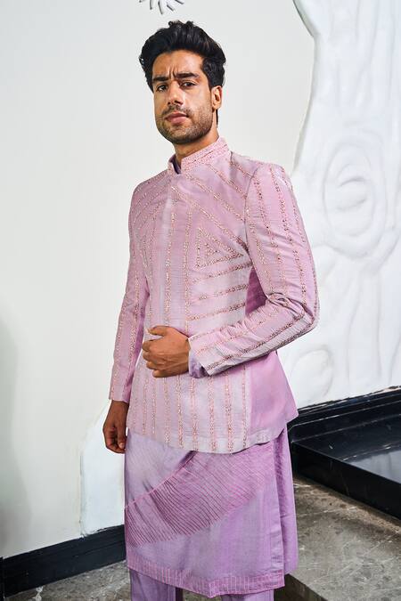 Soniya G_Pink Silk, Velvet, Satin Zari Prism Zardozi Embroidered Jodhpuri Set _at_Aza_Fashions