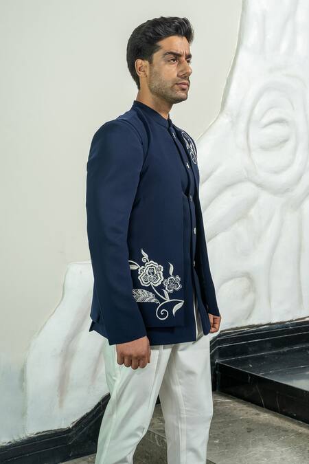 Soniya G Blue Satin Embroidery Acanthus Bloom Jodhpuri Set Online at Aza Fashions Soniya G_Blue Satin Embroidery Acanthus Bloom Jodhpuri Set _Online_at_Aza_Fashions