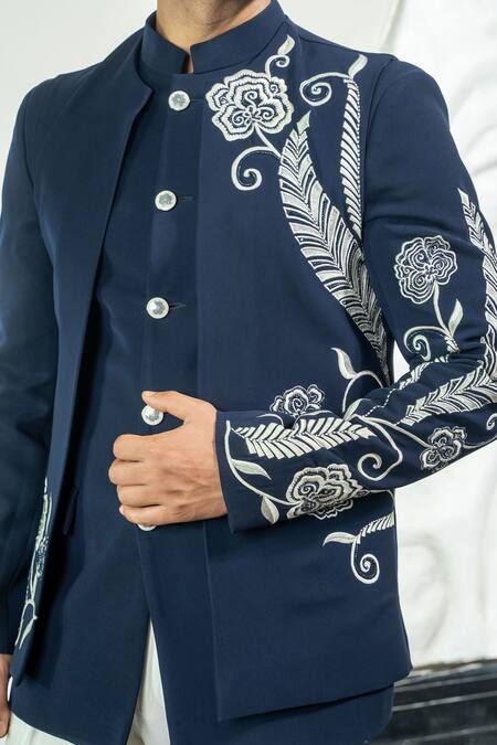 Buy Soniya G Blue Satin Embroidery Acanthus Bloom Jodhpuri Set Online at Aza Fashions Buy_Soniya G_Blue Satin Embroidery Acanthus Bloom Jodhpuri Set _Online_at_Aza_Fashions