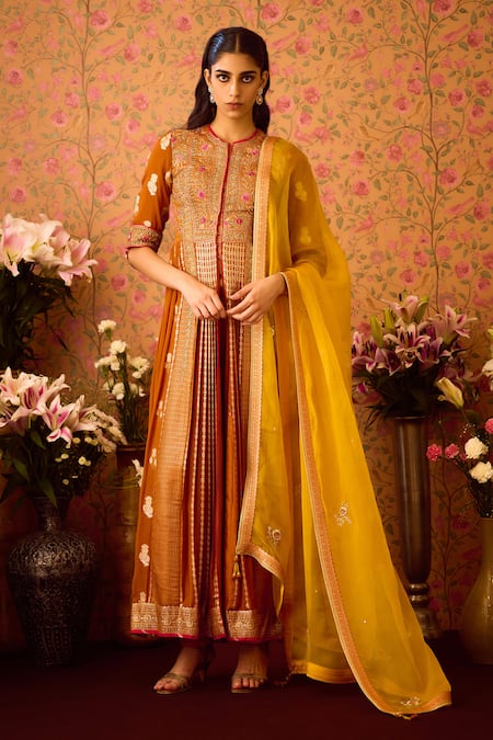 Shyam Narayan Prasad Yellow Viscose Silk Brocade Hand Embroidery Floral Round Neck Anarkali Pant Set 