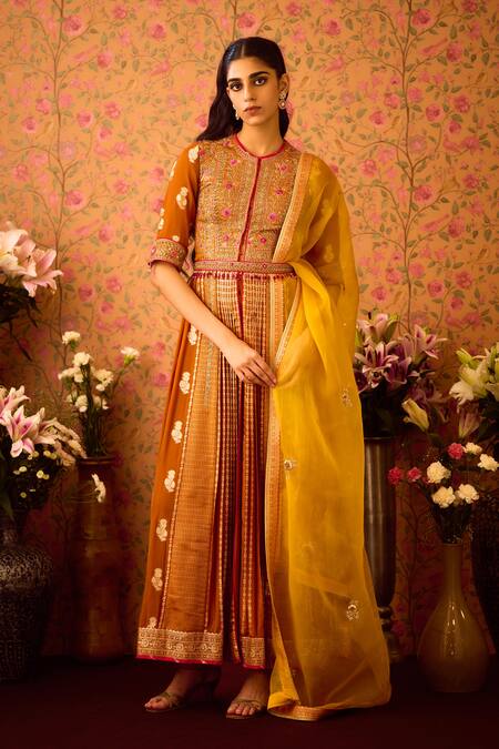 Buy Shyam Narayan Prasad Yellow Silk Organza, Georgette, Viscose Embroidery, Zari Hand Anarkali Pant Set Online at Aza Fashions Buy_Shyam Narayan Prasad_Yellow Silk Organza, Georgette, Viscose Embroidery, Zari Hand Anarkali Pant Set _Online_at_Aza_Fashions