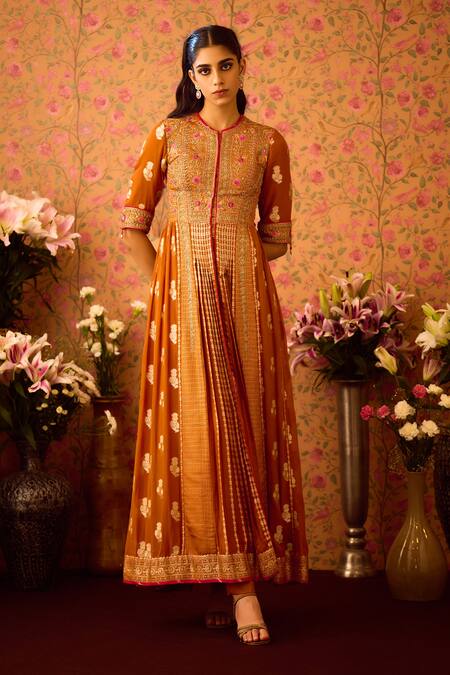 Shop Shyam Narayan Prasad Yellow Silk Organza, Georgette, Viscose Embroidery, Zari Hand Anarkali Pant Set Online at Aza Fashions Shop_Shyam Narayan Prasad_Yellow Silk Organza, Georgette, Viscose Embroidery, Zari Hand Anarkali Pant Set _Online_at_Aza_Fashions