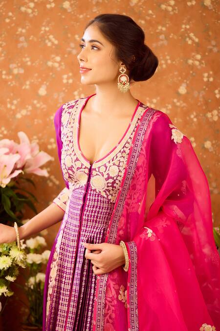 Buy Shyam Narayan Prasad Purple Georgette, Silk Organza, Viscose Embroidery Floral Anarkali Pant Set Online at Aza Fashions Buy_Shyam Narayan Prasad_Purple Georgette, Silk Organza, Viscose Embroidery Floral Anarkali Pant Set _Online_at_Aza_Fashions