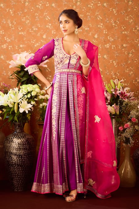 Shop Shyam Narayan Prasad Purple Georgette, Silk Organza, Viscose Embroidery Floral Anarkali Pant Set Online at Aza Fashions Shop_Shyam Narayan Prasad_Purple Georgette, Silk Organza, Viscose Embroidery Floral Anarkali Pant Set _Online_at_Aza_Fashions