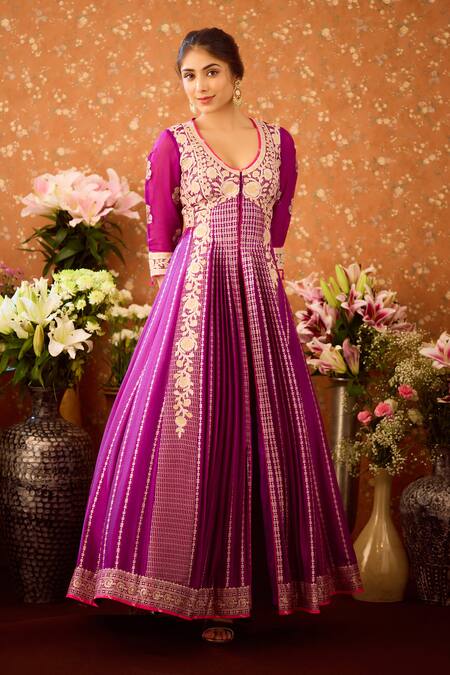 Shyam Narayan Prasad Purple Georgette, Silk Organza, Viscose Embroidery Floral Anarkali Pant Set at Aza Fashions Shyam Narayan Prasad_Purple Georgette, Silk Organza, Viscose Embroidery Floral Anarkali Pant Set _at_Aza_Fashions