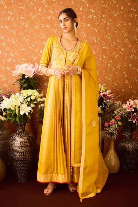 Shyam Narayan Prasad Yellow Viscose Silk Brocade Embroidery Floral Hand Front Slit Anarkali Pant Set 