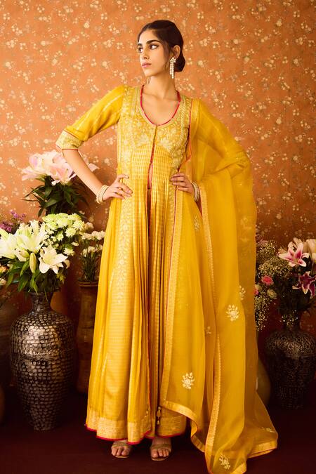 Buy_Shyam Narayan Prasad_Yellow Silk Organza, Viscose Embroidery, Zari Hand Front Slit Anarkali Pant Set _Online_at_Aza_Fashions