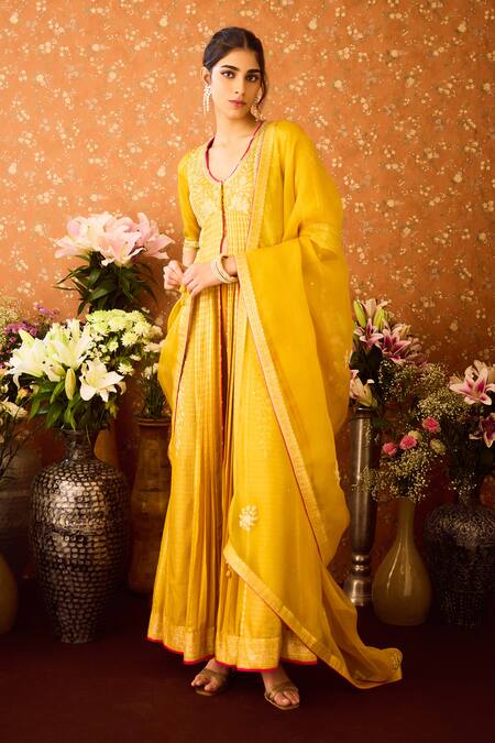 Shop_Shyam Narayan Prasad_Yellow Silk Organza, Viscose Embroidery, Zari Hand Front Slit Anarkali Pant Set _Online_at_Aza_Fashions