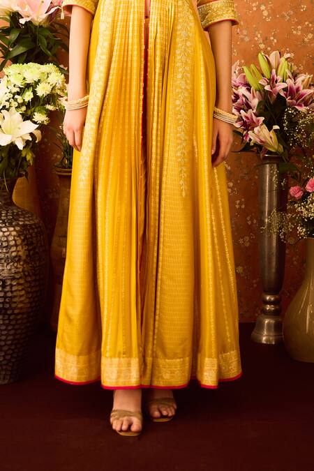 Shyam Narayan Prasad_Yellow Silk Organza, Viscose Embroidery, Zari Hand Front Slit Anarkali Pant Set _at_Aza_Fashions