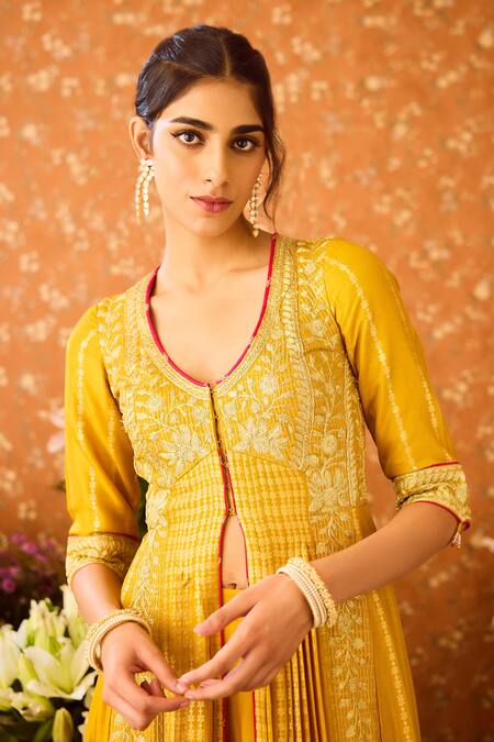 Buy_Shyam Narayan Prasad_Yellow Silk Organza, Viscose Embroidery, Zari Hand Front Slit Anarkali Pant Set 