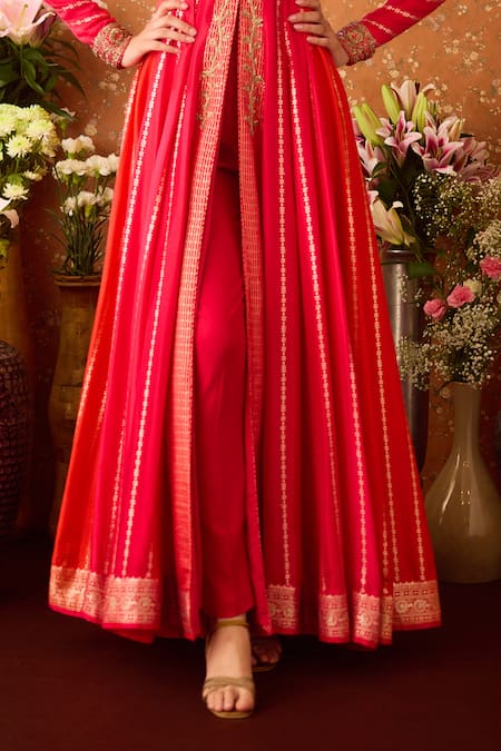 Shop Shyam Narayan Prasad Maroon Silk Organza, Viscose Zari, Embroidery Zardozi Hand Anarkali Pant Set Online at Aza Fashions Shop_Shyam Narayan Prasad_Maroon Silk Organza, Viscose Zari, Embroidery Zardozi Hand Anarkali Pant Set _Online_at_Aza_Fashions