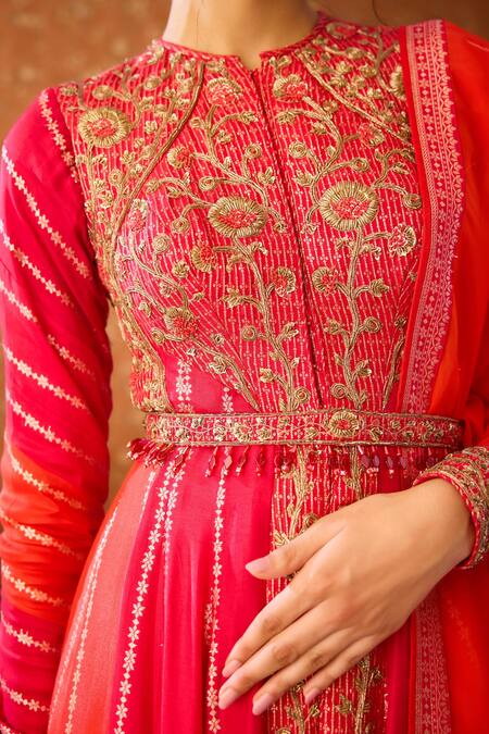 Buy Shyam Narayan Prasad Maroon Silk Organza, Viscose Zari, Embroidery Zardozi Hand Anarkali Pant Set Buy_Shyam Narayan Prasad_Maroon Silk Organza, Viscose Zari, Embroidery Zardozi Hand Anarkali Pant Set