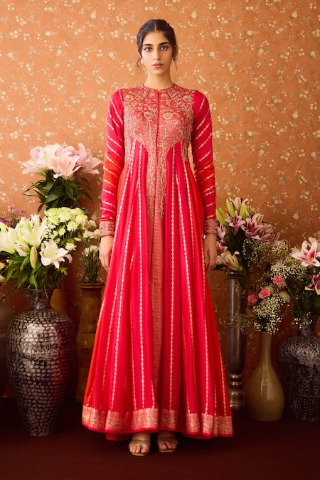 Shop Shyam Narayan Prasad Maroon Silk Organza, Viscose Zari, Embroidery Zardozi Hand Anarkali Pant Set Shop_Shyam Narayan Prasad_Maroon Silk Organza, Viscose Zari, Embroidery Zardozi Hand Anarkali Pant Set