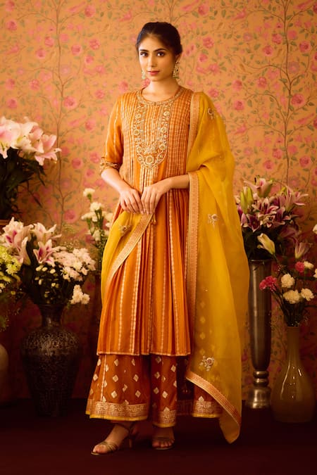 Shyam Narayan Prasad Yellow Viscose Silk Brocade Embroidery Floral Hand Kurta And Flared Pant Set 