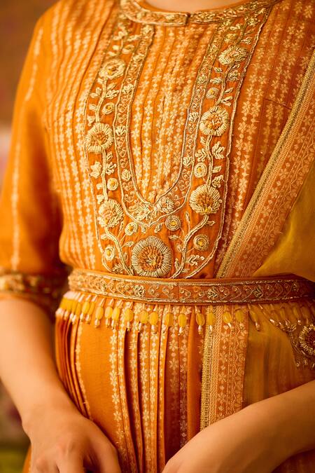 Shop Shyam Narayan Prasad Yellow Silk Organza, Viscose Zari, Embroidery Hand Kurta And Flared Pant Set Online at Aza Fashions Shop_Shyam Narayan Prasad_Yellow Silk Organza, Viscose Zari, Embroidery Hand Kurta And Flared Pant Set _Online_at_Aza_Fashions