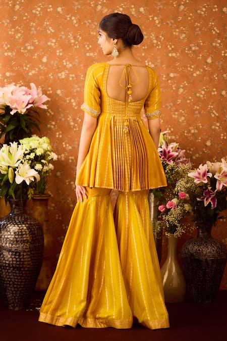 Shyam Narayan Prasad Yellow Silk Organza, Viscose Embroidery Hand Peplum Tunic And Sharara Set Online at Aza Fashions Shyam Narayan Prasad_Yellow Silk Organza, Viscose Embroidery Hand Peplum Tunic And Sharara Set _Online_at_Aza_Fashions