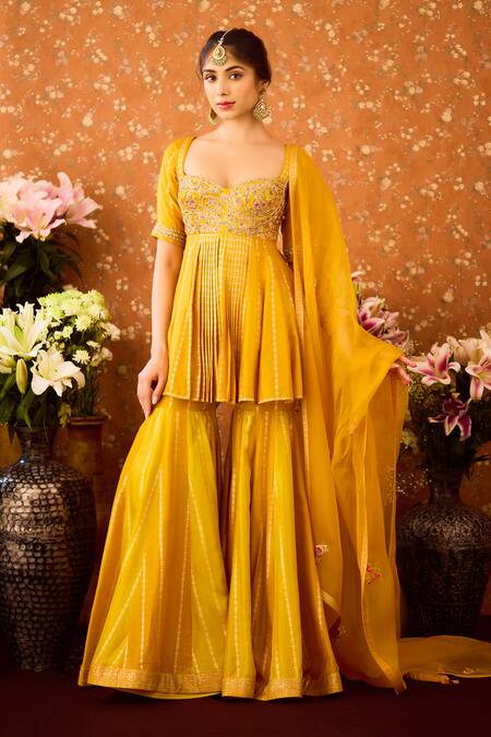 Buy Shyam Narayan Prasad Yellow Silk Organza, Viscose Embroidery Hand Peplum Tunic And Sharara Set Online at Aza Fashions Buy_Shyam Narayan Prasad_Yellow Silk Organza, Viscose Embroidery Hand Peplum Tunic And Sharara Set _Online_at_Aza_Fashions