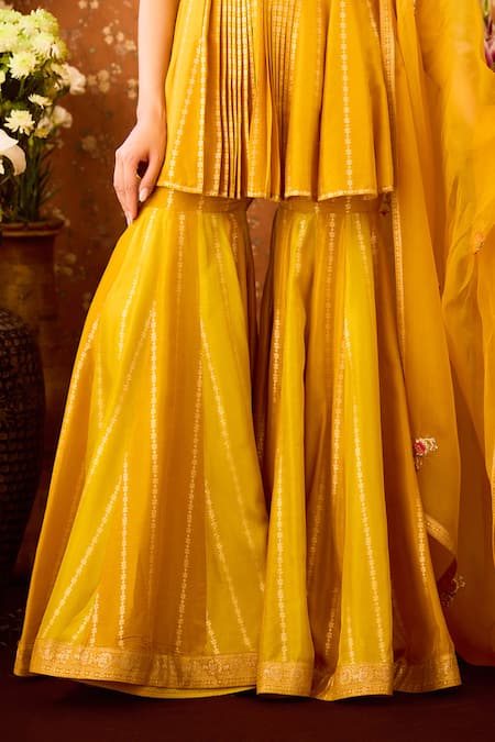 Shop Shyam Narayan Prasad Yellow Silk Organza, Viscose Embroidery Hand Peplum Tunic And Sharara Set Online at Aza Fashions Shop_Shyam Narayan Prasad_Yellow Silk Organza, Viscose Embroidery Hand Peplum Tunic And Sharara Set _Online_at_Aza_Fashions