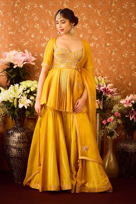 Shyam Narayan Prasad Yellow Silk Organza, Viscose Embroidery Hand Peplum Tunic And Sharara Set at Aza Fashions Shyam Narayan Prasad_Yellow Silk Organza, Viscose Embroidery Hand Peplum Tunic And Sharara Set _at_Aza_Fashions