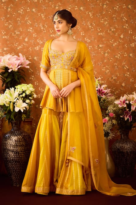 Buy Shyam Narayan Prasad Yellow Silk Organza, Viscose Embroidery Hand Peplum Tunic And Sharara Set Buy_Shyam Narayan Prasad_Yellow Silk Organza, Viscose Embroidery Hand Peplum Tunic And Sharara Set