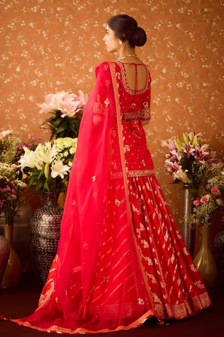 Shyam Narayan Prasad Maroon Brocade, Silk Organza, Viscose Embroidery Round Floral Kurta Lehenga Set Online at Aza Fashions Shyam Narayan Prasad_Maroon Brocade, Silk Organza, Viscose Embroidery Round Floral Kurta Lehenga Set _Online_at_Aza_Fashions