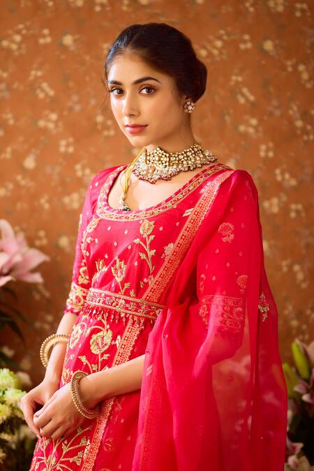 Buy Shyam Narayan Prasad Maroon Brocade, Silk Organza, Viscose Embroidery Round Floral Kurta Lehenga Set Online at Aza Fashions Buy_Shyam Narayan Prasad_Maroon Brocade, Silk Organza, Viscose Embroidery Round Floral Kurta Lehenga Set _Online_at_Aza_Fashions