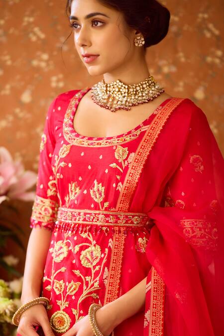 Shop Shyam Narayan Prasad Maroon Brocade, Silk Organza, Viscose Embroidery Round Floral Kurta Lehenga Set Online at Aza Fashions Shop_Shyam Narayan Prasad_Maroon Brocade, Silk Organza, Viscose Embroidery Round Floral Kurta Lehenga Set _Online_at_Aza_Fashions