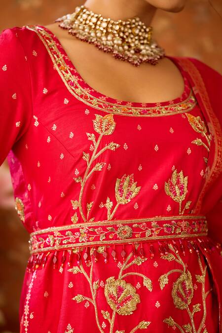 Shyam Narayan Prasad Maroon Brocade, Silk Organza, Viscose Embroidery Round Floral Kurta Lehenga Set at Aza Fashions Shyam Narayan Prasad_Maroon Brocade, Silk Organza, Viscose Embroidery Round Floral Kurta Lehenga Set _at_Aza_Fashions