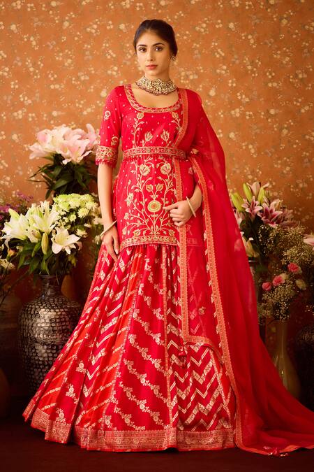 Shop Shyam Narayan Prasad Maroon Brocade, Silk Organza, Viscose Embroidery Round Floral Kurta Lehenga Set Shop_Shyam Narayan Prasad_Maroon Brocade, Silk Organza, Viscose Embroidery Round Floral Kurta Lehenga Set