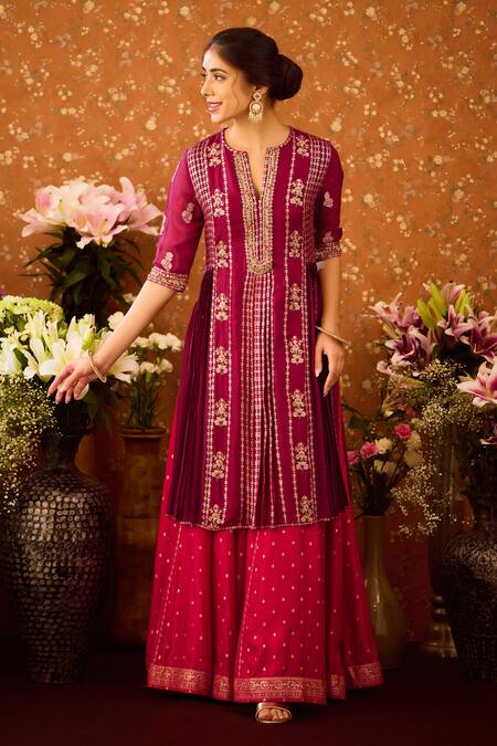 Buy_Shyam Narayan Prasad_Purple Organza, Viscose, Embroidery, Floral Bloom Kurta Sharara Set _Online_at_Aza_Fashions