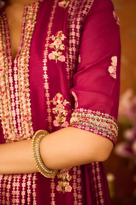 Buy_Shyam Narayan Prasad_Purple Organza, Viscose, Embroidery, Floral Bloom Kurta Sharara Set 