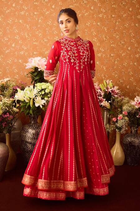 Buy_Shyam Narayan Prasad_Maroon Organza, Viscose, Embroidery, Flower Vine Anarkali Pant Set _Online_at_Aza_Fashions