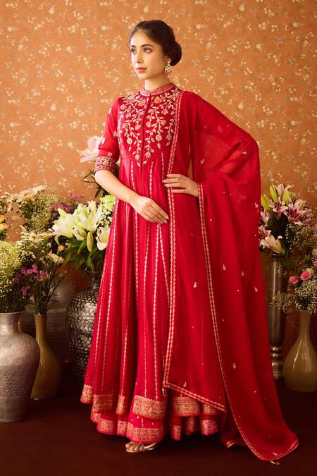 Shop_Shyam Narayan Prasad_Maroon Organza, Viscose, Embroidery, Flower Vine Anarkali Pant Set _Online_at_Aza_Fashions