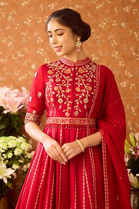 Buy_Shyam Narayan Prasad_Maroon Organza, Viscose, Embroidery, Flower Vine Anarkali Pant Set 