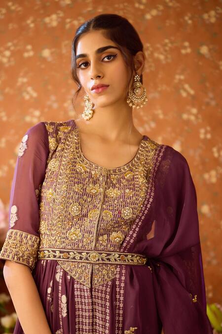 Buy Shyam Narayan Prasad Purple Organza, Georgette, Viscose, Zardozi Anarkali Pant Set Online at Aza Fashions Buy_Shyam Narayan Prasad_Purple Organza, Georgette, Viscose, Zardozi Anarkali Pant Set _Online_at_Aza_Fashions