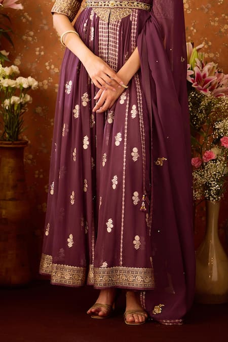 Shop Shyam Narayan Prasad Purple Organza, Georgette, Viscose, Zardozi Anarkali Pant Set Online at Aza Fashions Shop_Shyam Narayan Prasad_Purple Organza, Georgette, Viscose, Zardozi Anarkali Pant Set _Online_at_Aza_Fashions