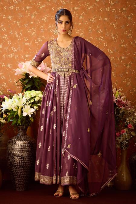 Buy Shyam Narayan Prasad Purple Organza, Georgette, Viscose, Zardozi Anarkali Pant Set Buy_Shyam Narayan Prasad_Purple Organza, Georgette, Viscose, Zardozi Anarkali Pant Set
