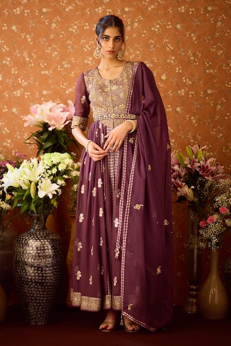 Shop Shyam Narayan Prasad Purple Organza, Georgette, Viscose, Zardozi Anarkali Pant Set Shop_Shyam Narayan Prasad_Purple Organza, Georgette, Viscose, Zardozi Anarkali Pant Set